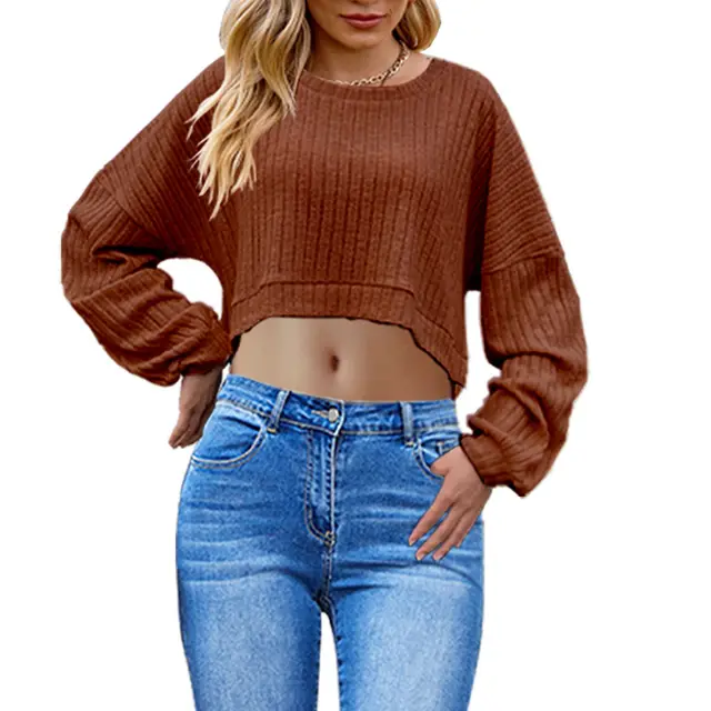 European And American Brushed Sunken Stripe Knitted Midriff baring Long Sleeve Short T Women's Top Brick Red - Shop at LoveMi