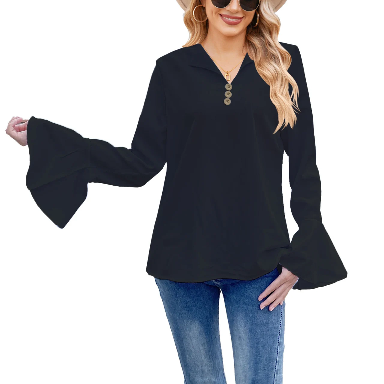 Lotus Leaf Shirt Solid Color T-shirt V-neck Button Women's Top - Black