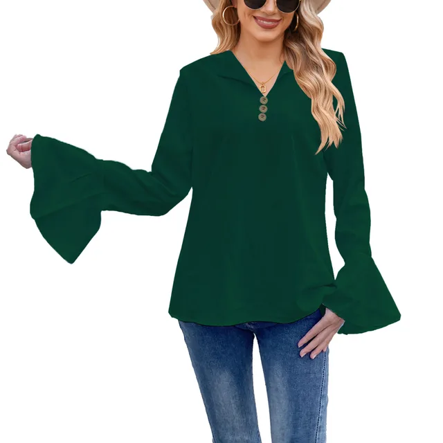 Lotus Leaf Shirt Solid Color T shirt V neck Button Women's Top Green - Shop at LoveMi