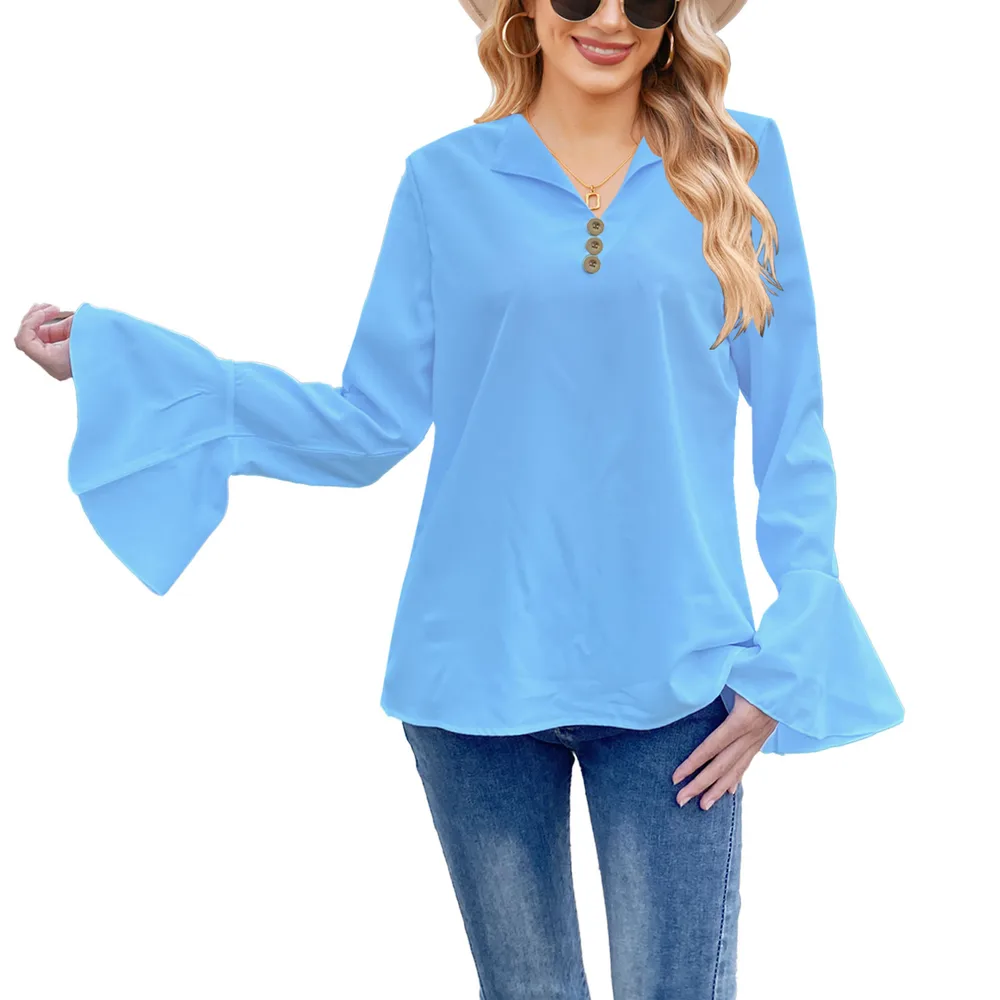 Lotus Leaf Shirt Solid Color T shirt V neck Button Women's Top Light Blue - Shop at LoveMi