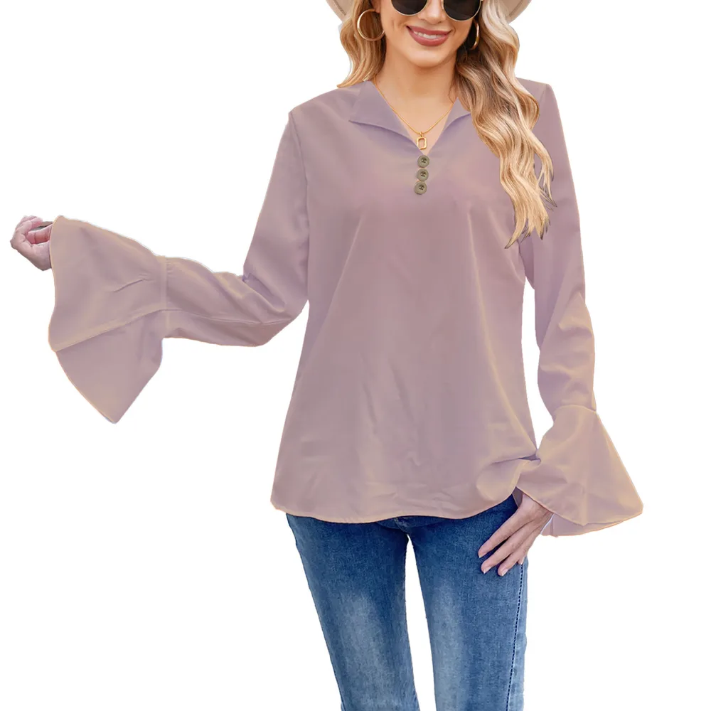Lotus Leaf Shirt Solid Color T shirt V neck Button Women's Top Pink - Shop at LoveMi