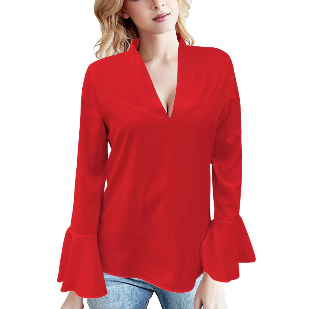 European And American Low Cut Rhinestone High Collar Solid Color Lotus Leaf Long Sleeve Shirt - Red