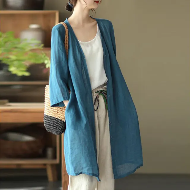 Artistic Plus Size Loose Mid length Cotton And Linen Shirt Solid Color Blue - Shop at LoveMi