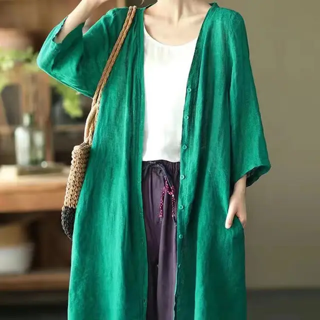 Artistic Plus Size Loose Mid length Cotton And Linen Shirt Solid Color Green - Shop at LoveMi