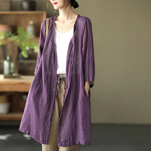 Artistic Plus Size Loose Mid length Cotton And Linen Shirt Solid Color Purple - Shop at LoveMi