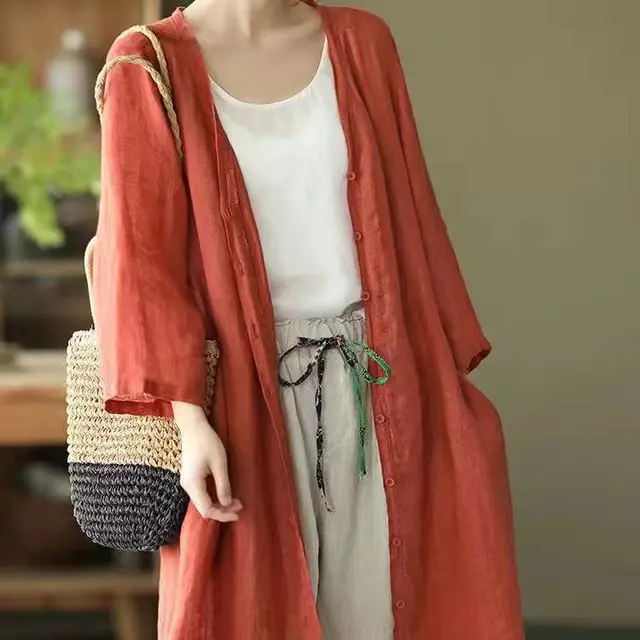 Artistic Plus Size Loose Mid length Cotton And Linen Shirt Solid Color Red - Shop at LoveMi