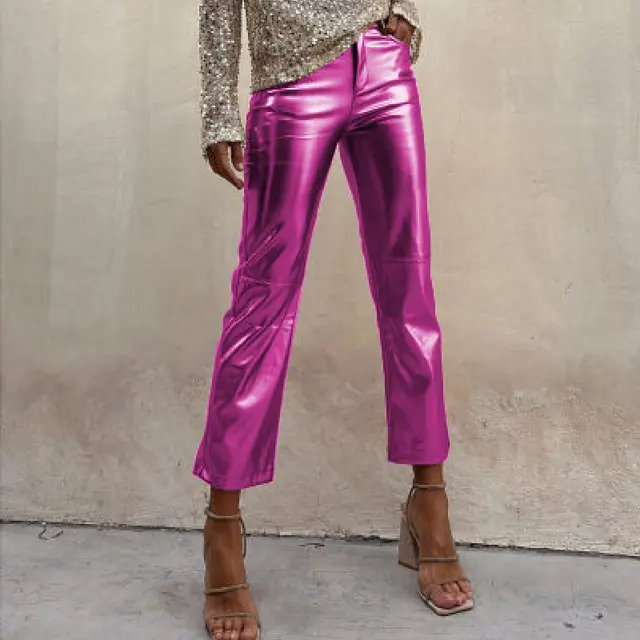 Slim fit Slimming Nightclub Bright Casual Cropped Pants Rose Red - Shop at LoveMi