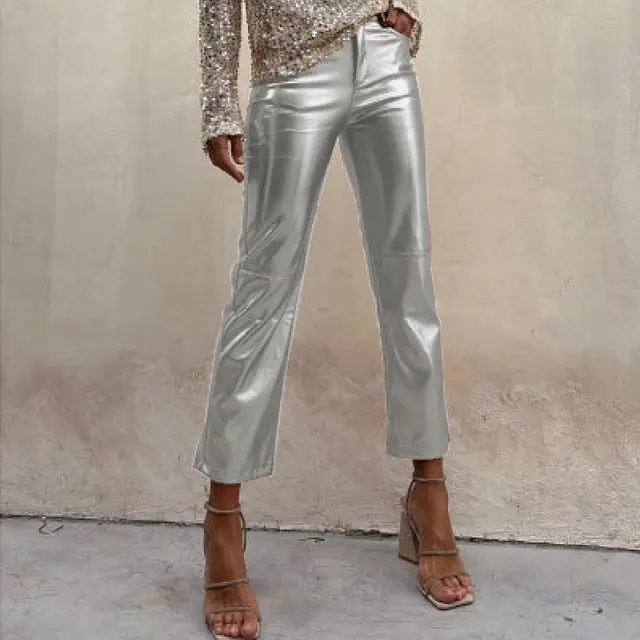 Slim fit Slimming Nightclub Bright Casual Cropped Pants Silver - Shop at LoveMi