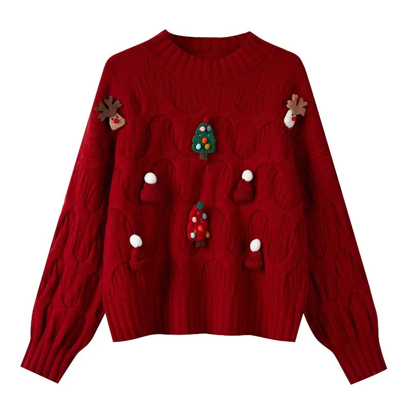 Christmas Top Three dimensional Decoration Knitwear Red - Shop at LoveMi