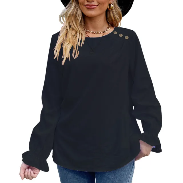 European And American Solid Color Buttons Loose Round Neck Long Sleeve Shirt Black - Shop at LoveMi