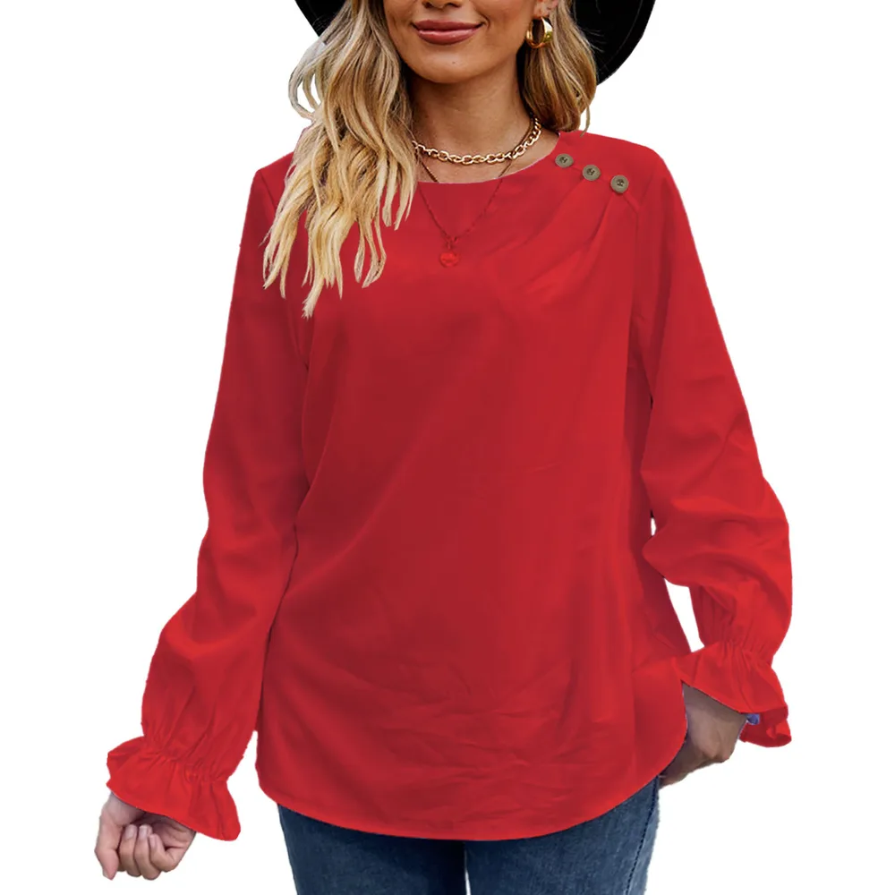 European And American Solid Color Buttons Loose Round Neck Long Sleeve Shirt Red - Shop at LoveMi
