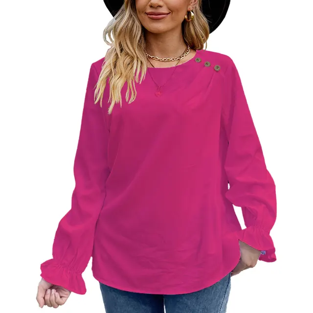 European And American Solid Color Buttons Loose Round Neck Long Sleeve Shirt Rose Red - Shop at LoveMi