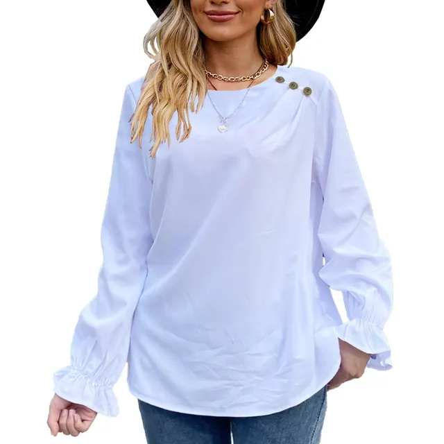 European And American Solid Color Buttons Loose Round Neck Long Sleeve Shirt White - Shop at LoveMi