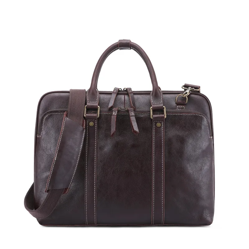 Men's Handbag Leather Briefcase Shoulder Crossbody Dark Oil Light Color 15Inch - Shop at LoveMi