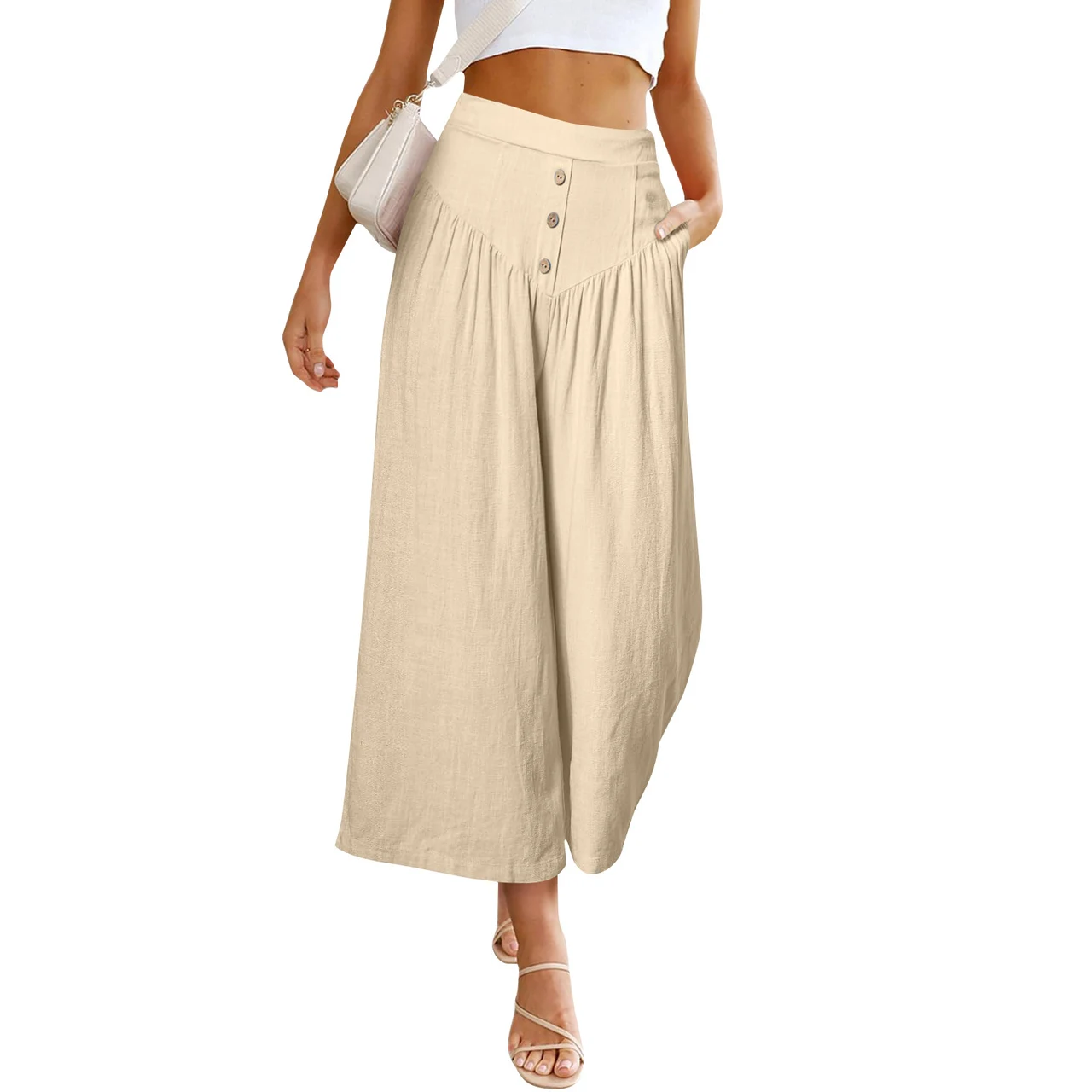 European And American Lazy Relaxed Casual Wide Leg High Waist Women's Cropped Pants - Beige