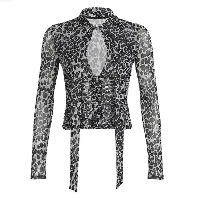 V neck Hollow See through Leopard Print Top Gray - Shop at LoveMi