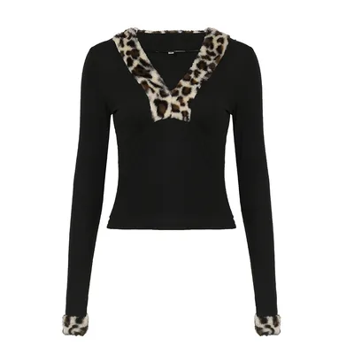 French Sexy Hot Girl Leopard Print Base All matching T shirt Sweater Black - Shop at LoveMi
