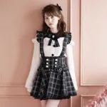 Japanese Style Lace Ribbon Bow Strap Dress - Black Plaid Suspender Skirt