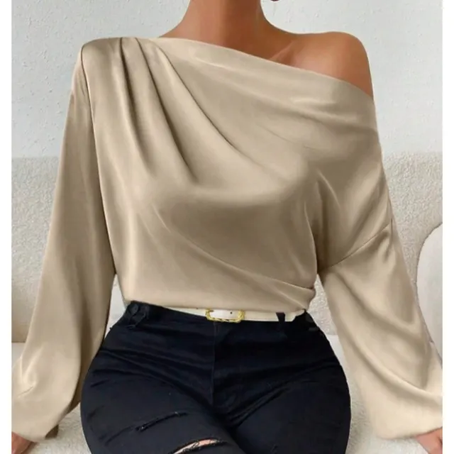 Women's Shoulder Long sleeved T shirt Asymmetric Pullover Top Apricot - Shop at LoveMi