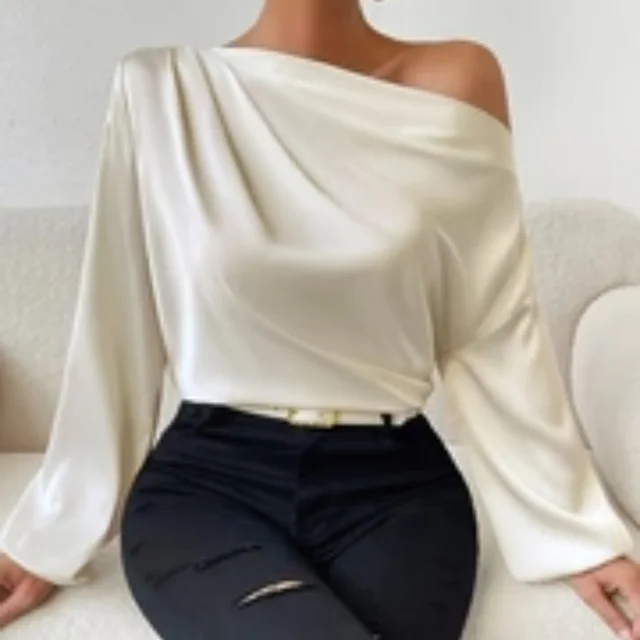 Women's Shoulder Long sleeved T shirt Asymmetric Pullover Top White - Shop at LoveMi