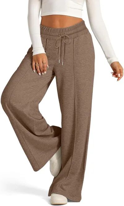 Women's Solid Color Casual Wide Leg Drawstring Elastic Waist Sweatpants Dark Brown - Shop at LoveMi