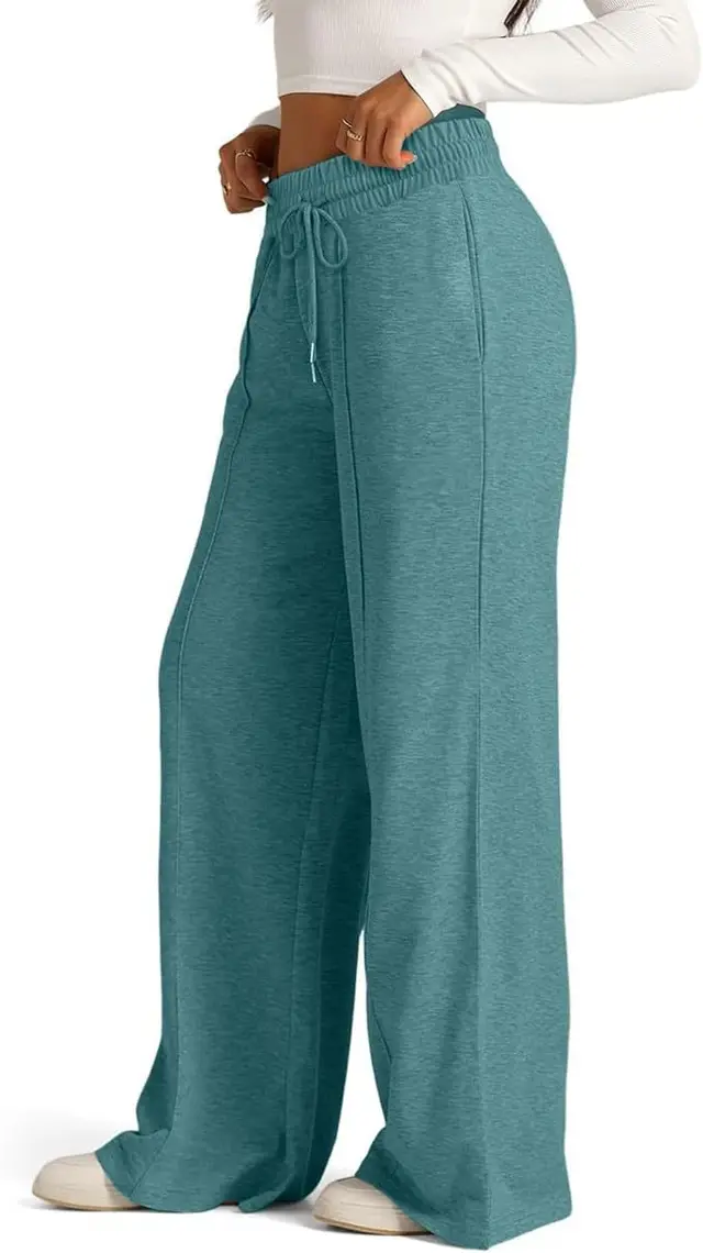 Women's Solid Color Casual Wide Leg Drawstring Elastic Waist Sweatpants Peacock Green - Shop at LoveMi