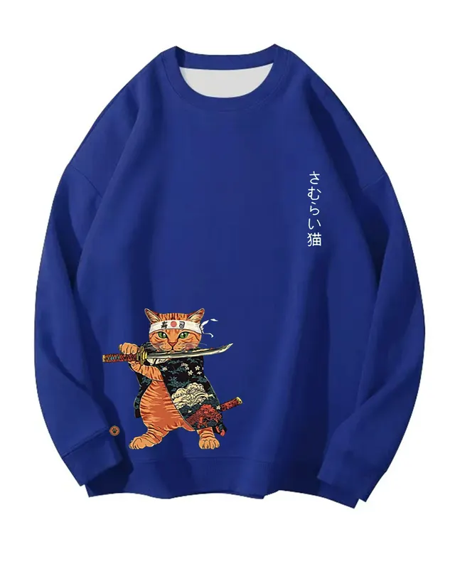 Japanese Style Large Cat Pattern Printed Round Neck Men And Women Navy Blue Pure Cotton A11 - Shop at LoveMi