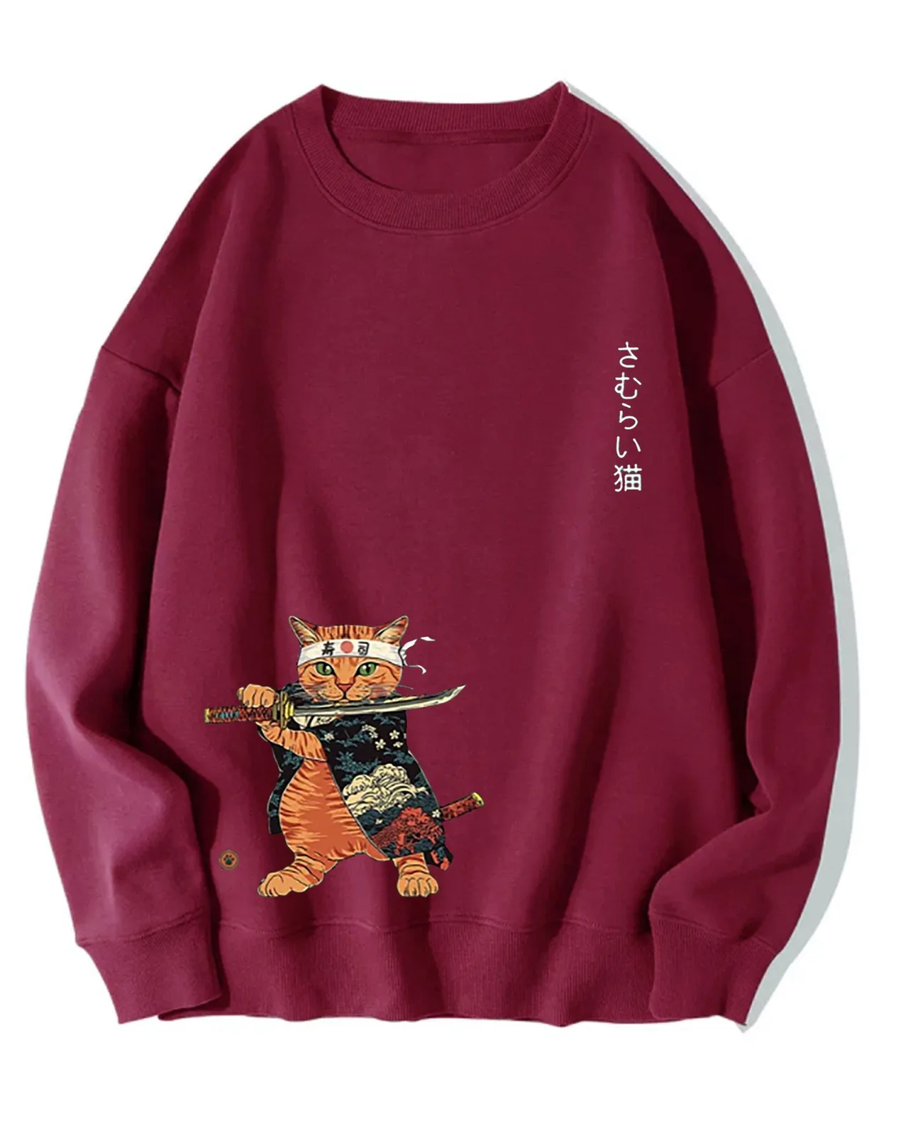 Japanese Style Large Cat Pattern Printed Round Neck Men And Women - Wine Red Imitation Cotton G21