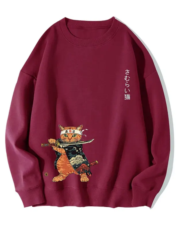 Japanese Style Large Cat Pattern Printed Round Neck Men And Women Wine Red Imitation Cotton G21 - Shop at LoveMi