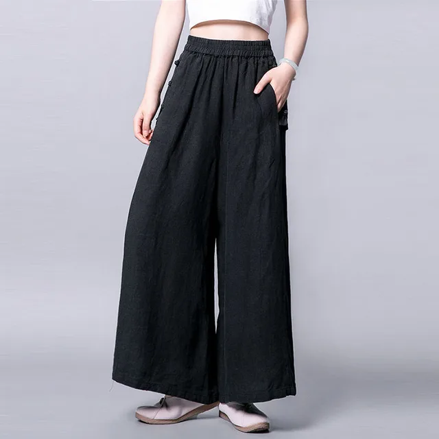 Women's Cotton And Linen Thin Wide leg Pants Black - Shop at LoveMi