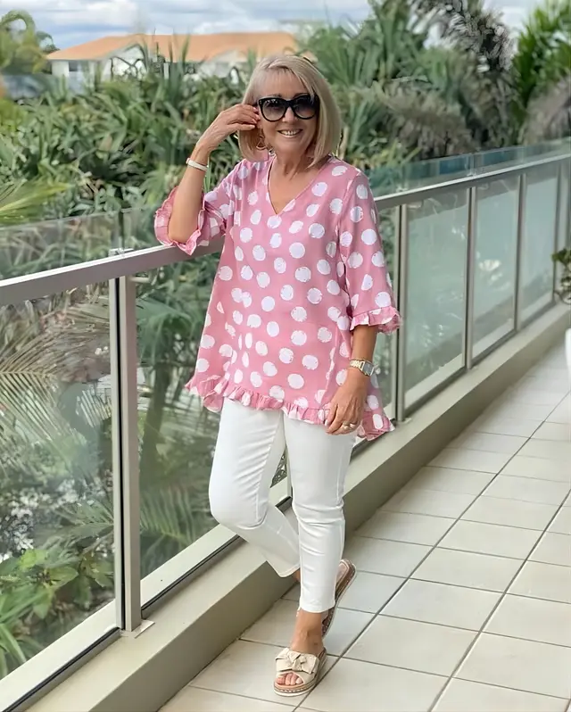 Short Sleeve V collar Polka Dot Printed Cotton And Linen T Pink No Pocket - Shop at LoveMi