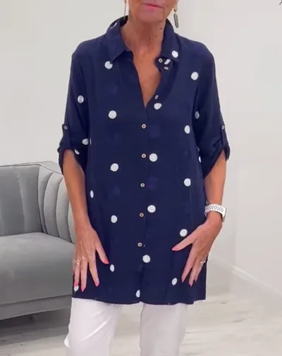 Printed Loose Lapel Long Sleeves Button Shirt Top Navy - Shop at LoveMi