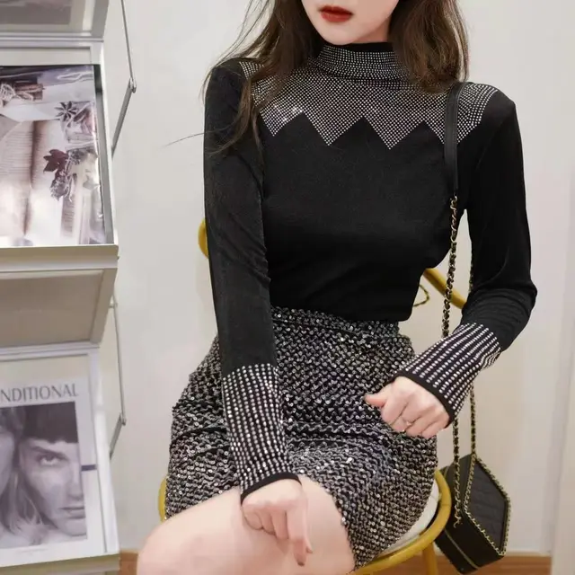 Women's Heavy Embroidery Hot Drilling Bottoming Shirt Serrated - Shop at LoveMi