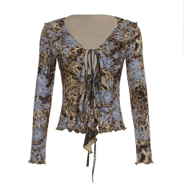 Hollow Sexy Leopard print Shirt Top Brown - Shop at LoveMi