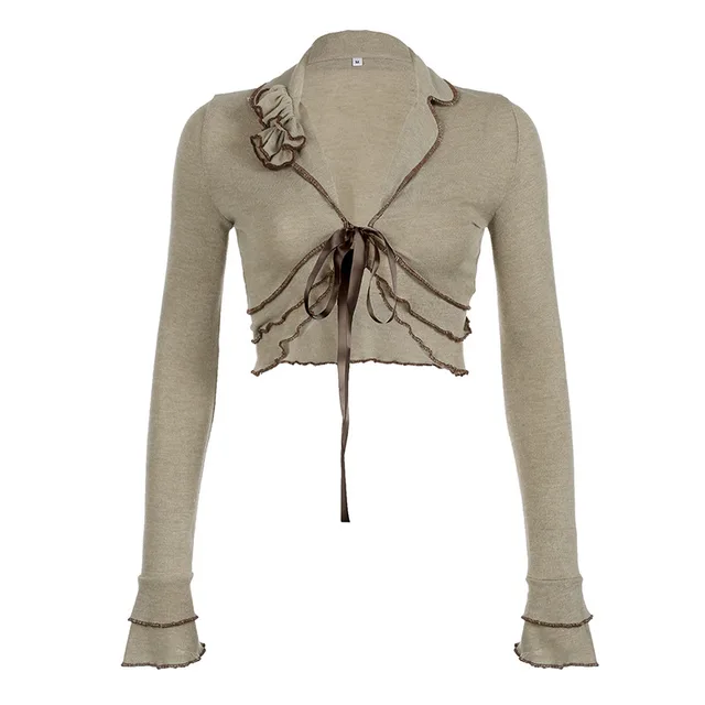 American Hot Girl Slimming Petal Sleeve Lace up Top Khaki - Shop at LoveMi