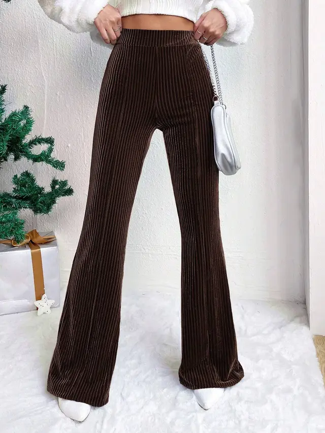 High Waist Lamp Wick Corduroy Bell bottom Pants Wide Leg Women Brown - Shop at LoveMi