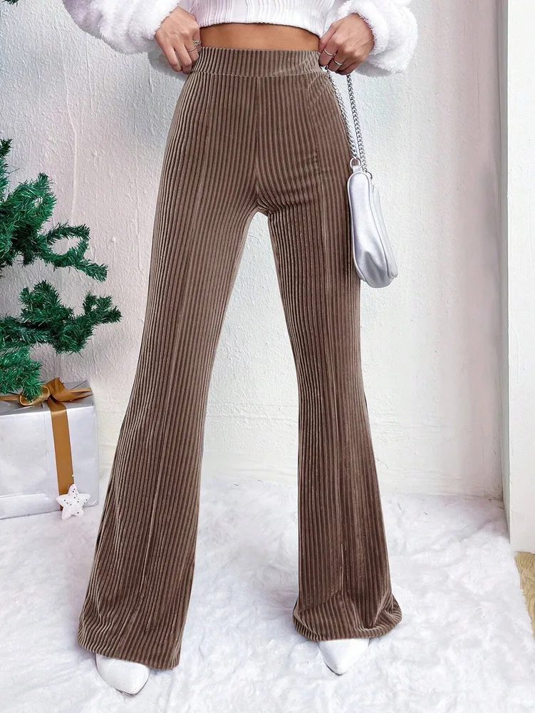 High Waist Lamp Wick Corduroy Bell-bottom Pants Wide Leg Women - Khaki - View 1