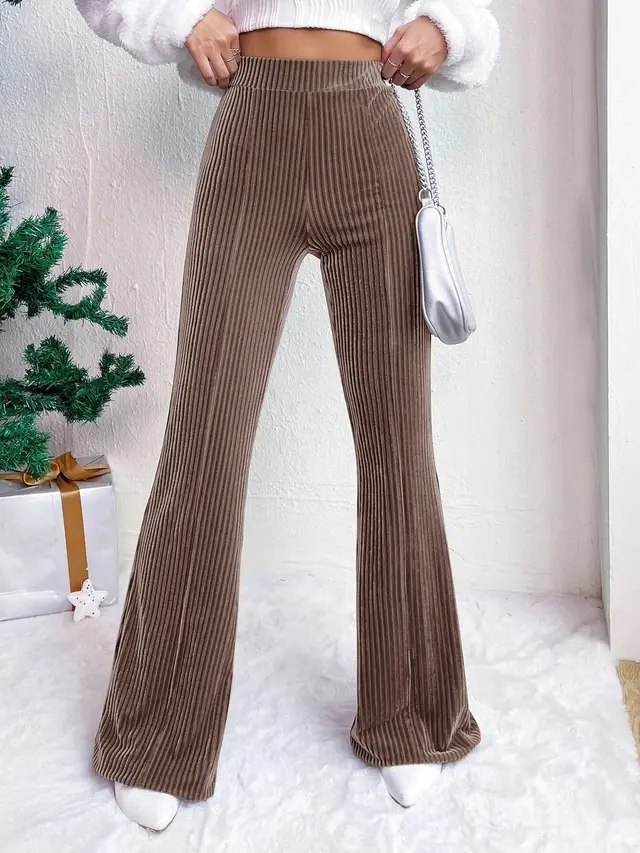 High Waist Lamp Wick Corduroy Bell bottom Pants Wide Leg Women Khaki - Shop at LoveMi