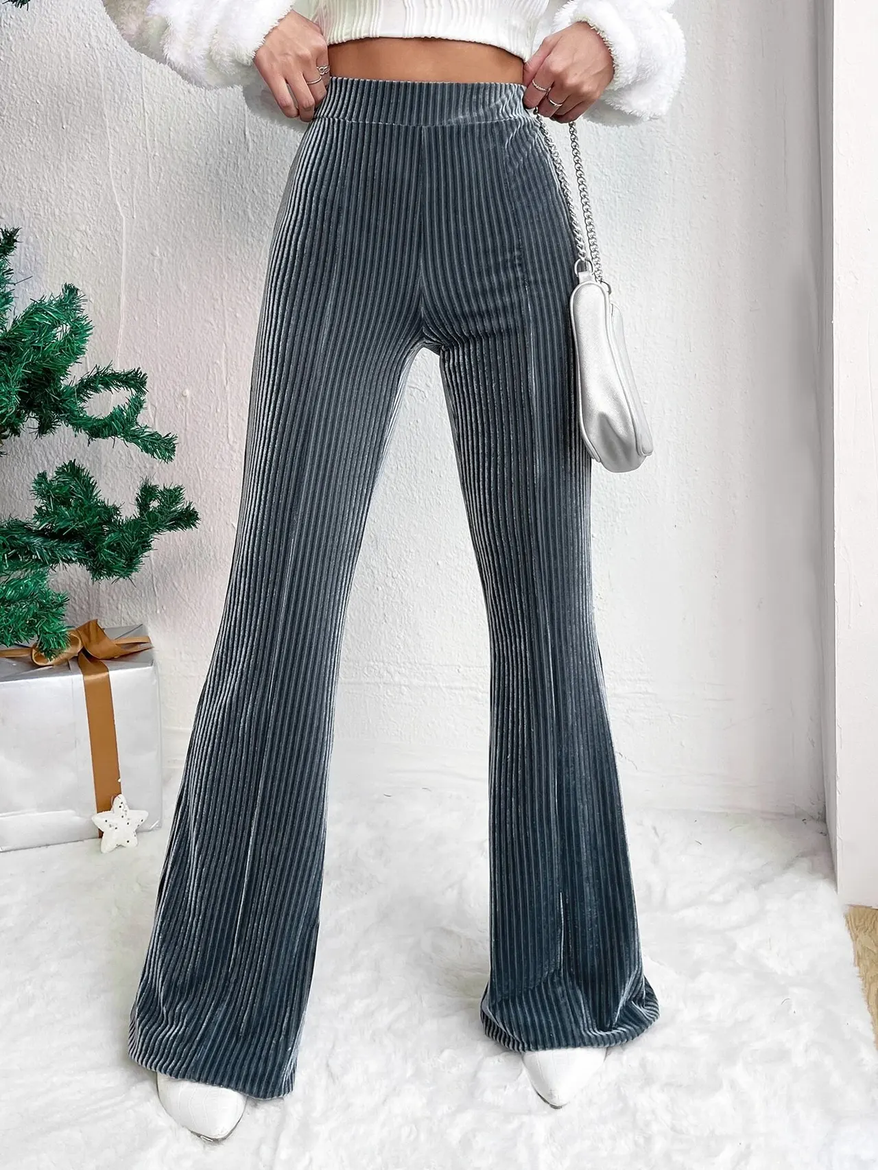 High Waist Lamp Wick Corduroy Bell-bottom Pants Wide Leg Women - Navy Blue