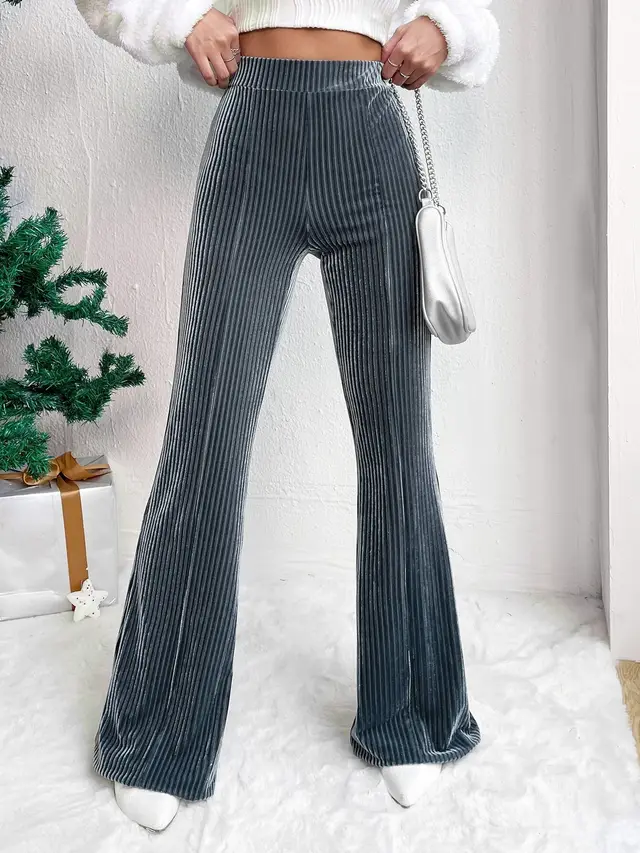 High Waist Lamp Wick Corduroy Bell bottom Pants Wide Leg Women Navy Blue - Shop at LoveMi