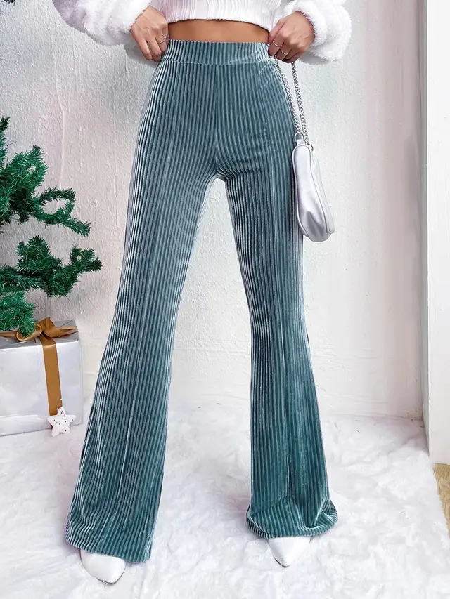 High Waist Lamp Wick Corduroy Bell bottom Pants Wide Leg Women Peacock Blue - Shop at LoveMi