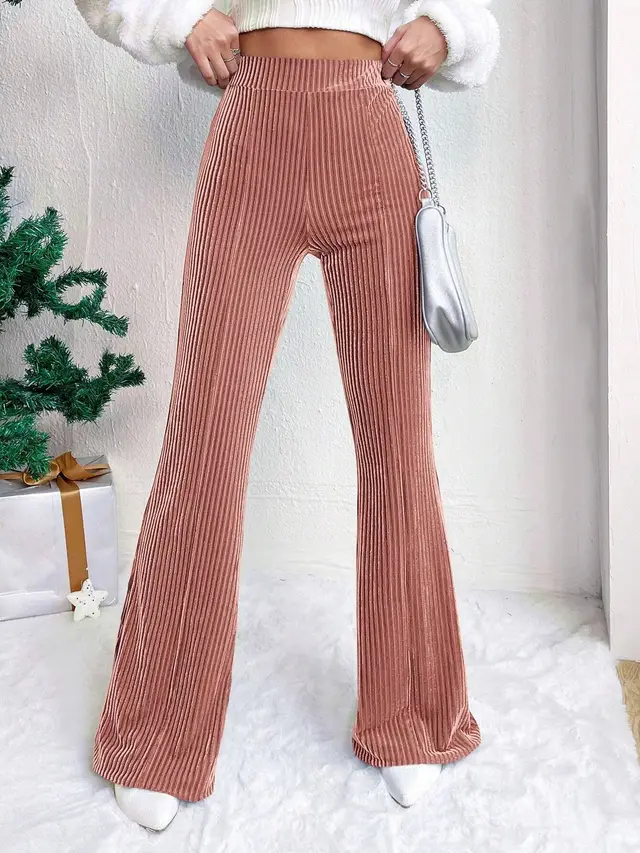 High Waist Lamp Wick Corduroy Bell bottom Pants Wide Leg Women Pink - Shop at LoveMi