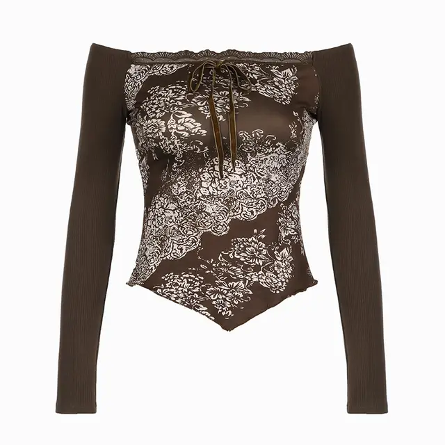 Retro Hot Girl Style Printing Off shoulder Top Brown - Shop at LoveMi