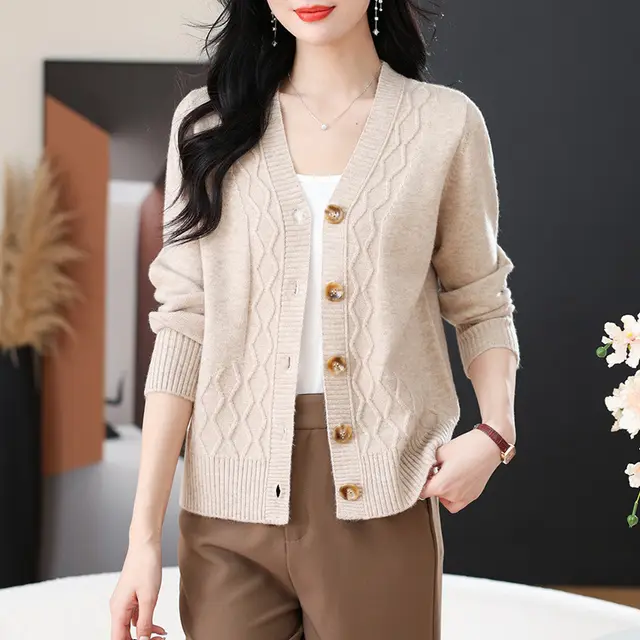 Spring And Autumn Outer Wear Cropped Sweater Coat Women Beige - Shop at LoveMi