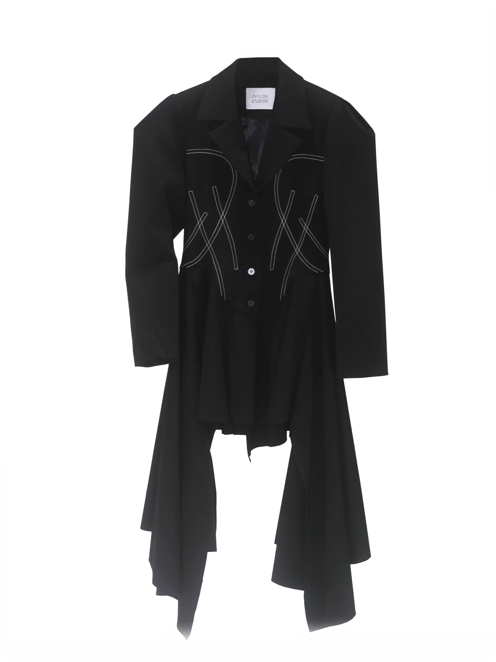 Retro Decorative Open-line Irregular Hem Profile Suit Large Coat - Black