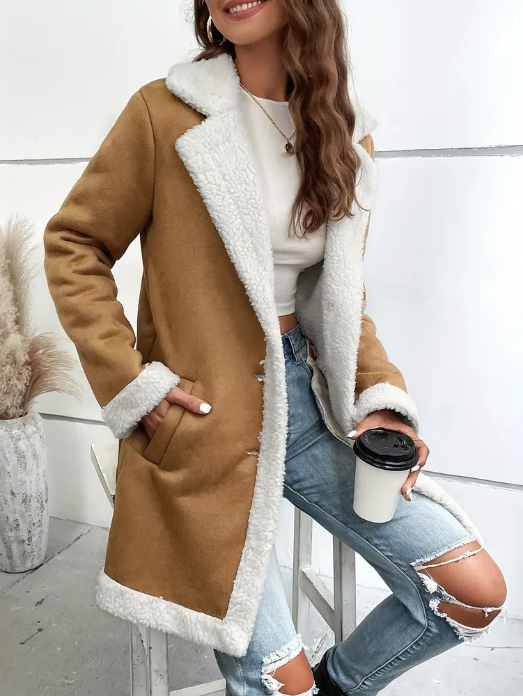 Women's Long sleeved Lapel Deerskin Velvet Thick Woolen Coat Brown - Shop at LoveMi