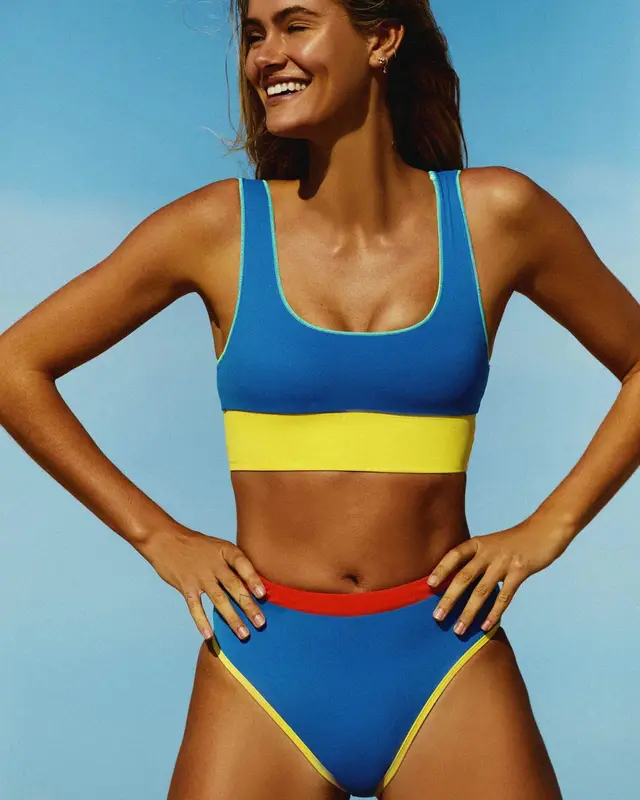 Swimsuit Split Color Matching Women's Bikini High Waist Blue - Shop at LoveMi