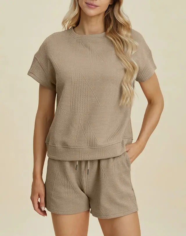 Textured Fabric Fashion Shorts Suit Khaki - Shop at LoveMi