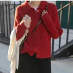 Retro Style Polo Collar Solid Color Loose-fitting Versatile Sweater Knitted Cardigan - Red