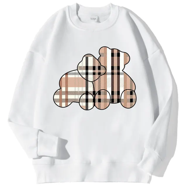 Bear Floral Print Long Sleeve Pullover Round neck Sweater Coat Top White - Shop at LoveMi